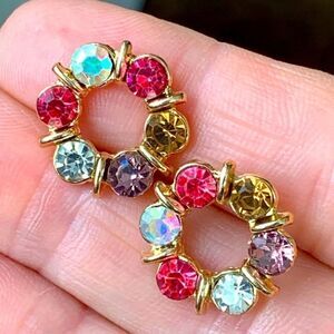 Bejeweled Stud Earrings, Sparkly Faux Topaz, Amethyst & Aurora Borealis Stones